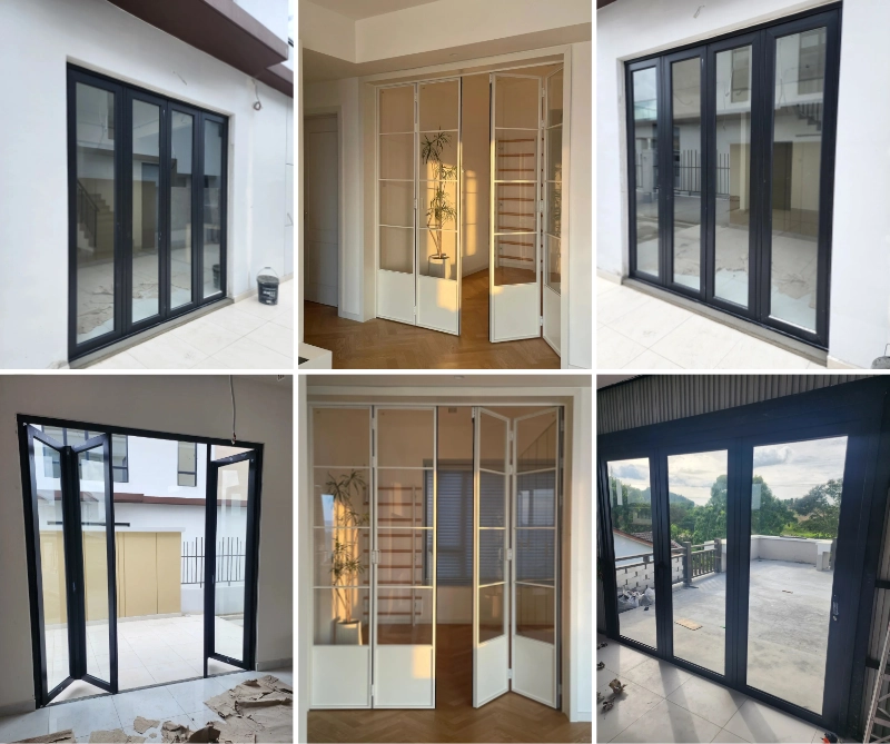 Modern aluminum folding doors open to a garden patio, showcasing sleek design and large glass panels.