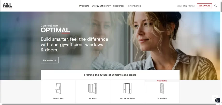 A&L Windows and Doors website homepage highlighting ThermalGuard high-performance products for East Coast developers.