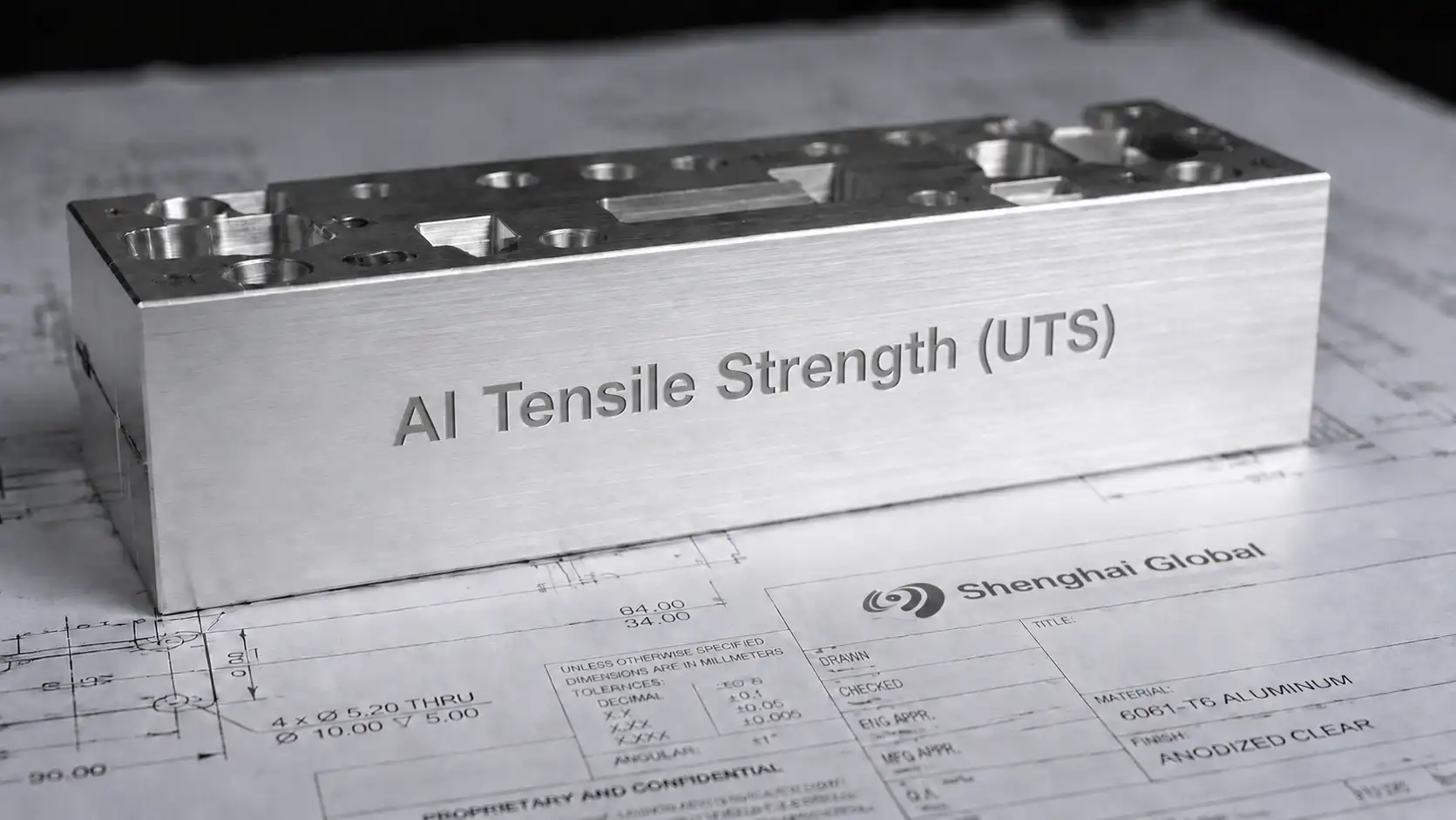 CNC machined 6061-T6 aluminum block engraved with Al Tensile Strength (UTS) resting on engineering blueprints