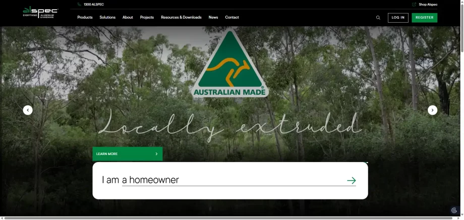 Alspec website homepage showcasing architectural window and door systems like ProGlide and ThermAFrame.