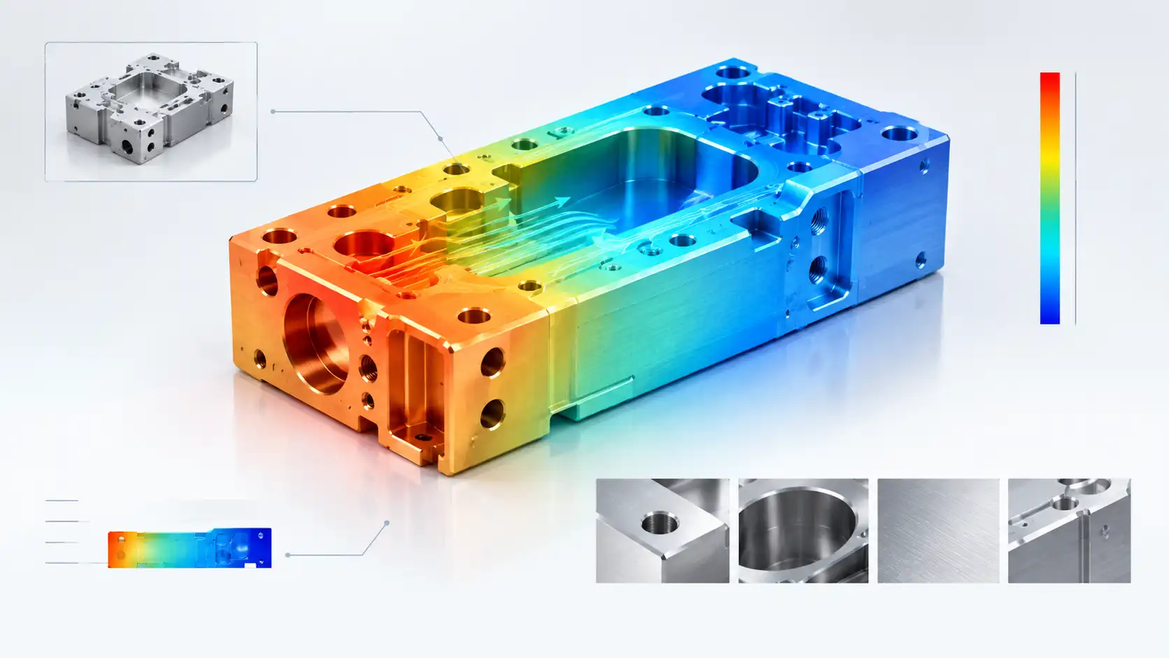 FEA thermal gradient simulation and heat transfer analysis of a precision-machined aluminum alloy component
