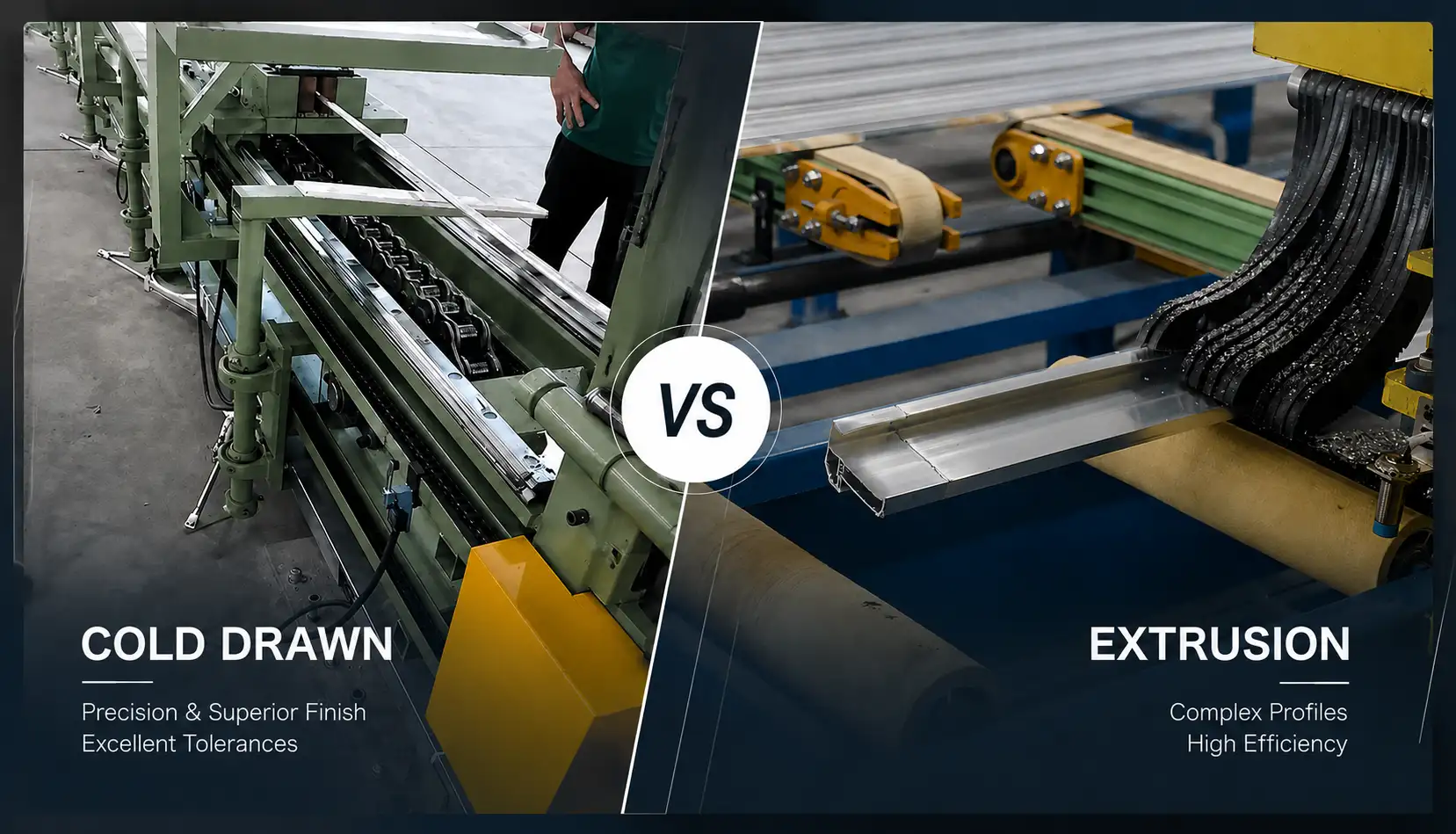 Comparison of cold drawn aluminum process versus aluminum extrusion manufacturing line in an industrial factory.