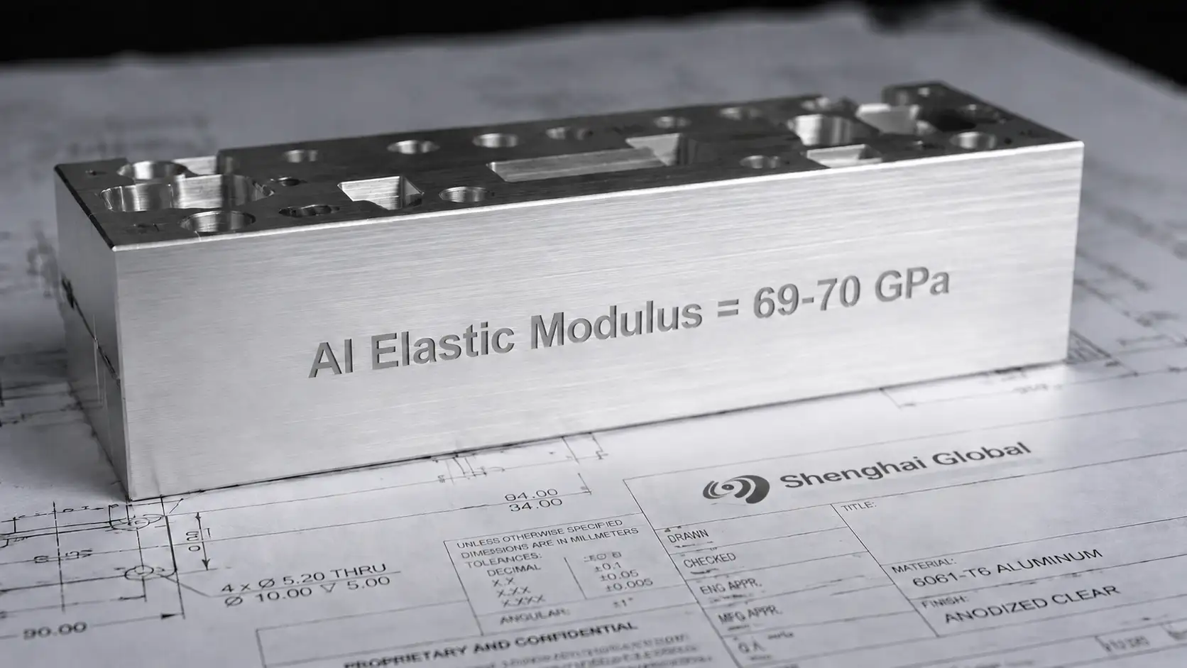 Precision-machined 6061-T6 aluminum block displaying an elastic modulus of 69-70 GPa, resting on a Shenghai Global engineering CAD blueprint.