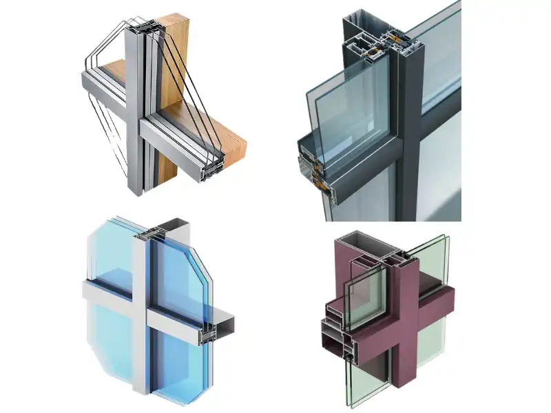 Aluminum mullion frame cross-section types for high-rise curtain wall systems, showing structural details, thermal breaks, and glass connections
