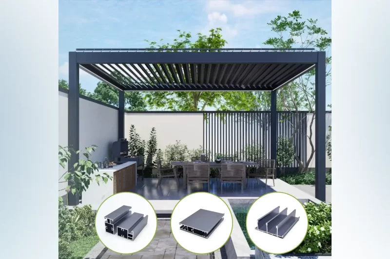 Daylight view of an aluminum pergola with screens featuring detailed 6063-T6 aluminum extrusion profile cross-sections.