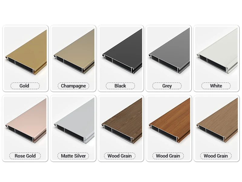 Color options chart of extruded aluminum roller shutter profiles including gold, champagne, black, grey, white, rose gold, matte silver, and wood grain.