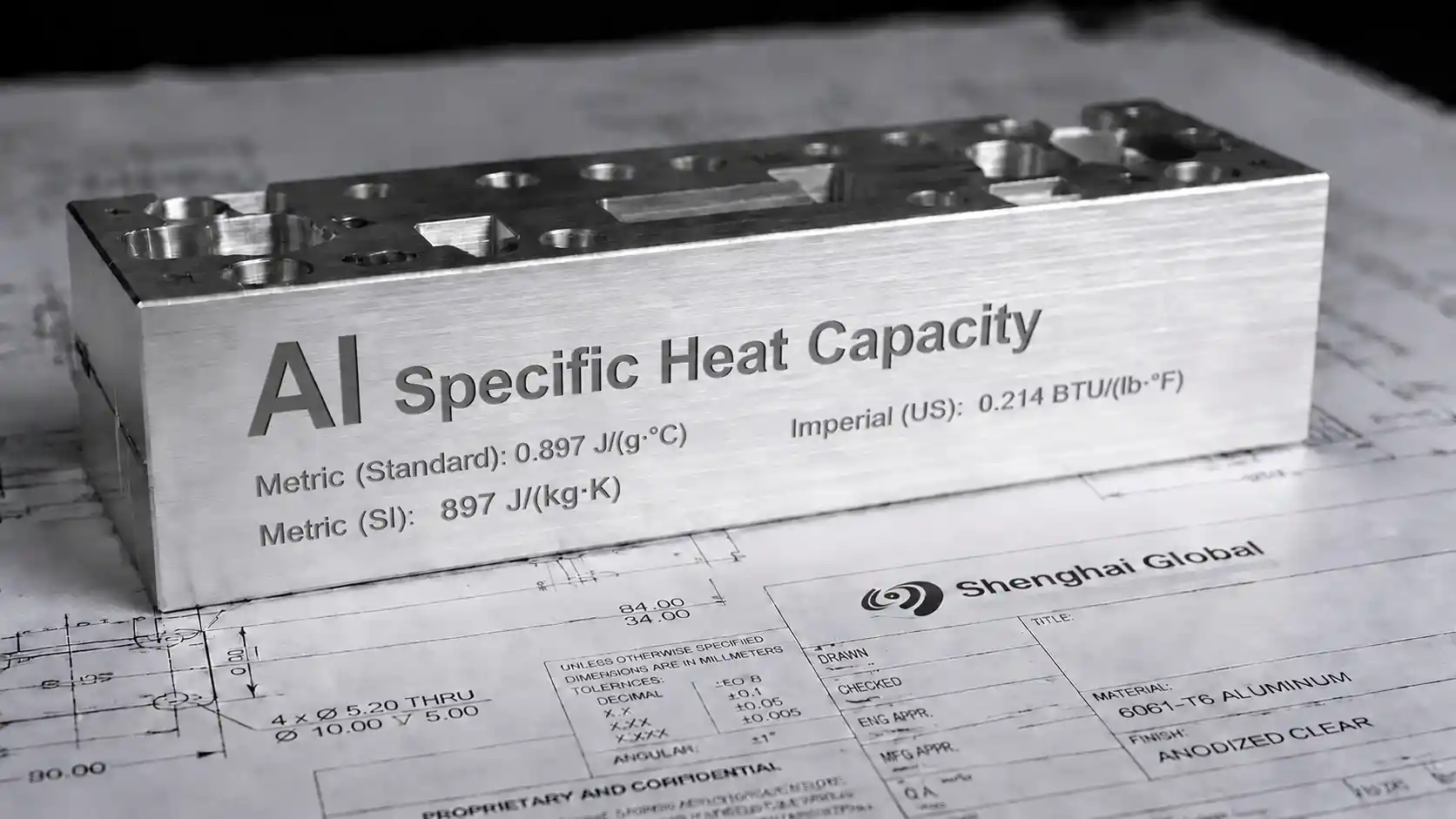 Precision-machined aluminum block displaying specific heat capacity data resting on an engineering blueprint for industrial applications.