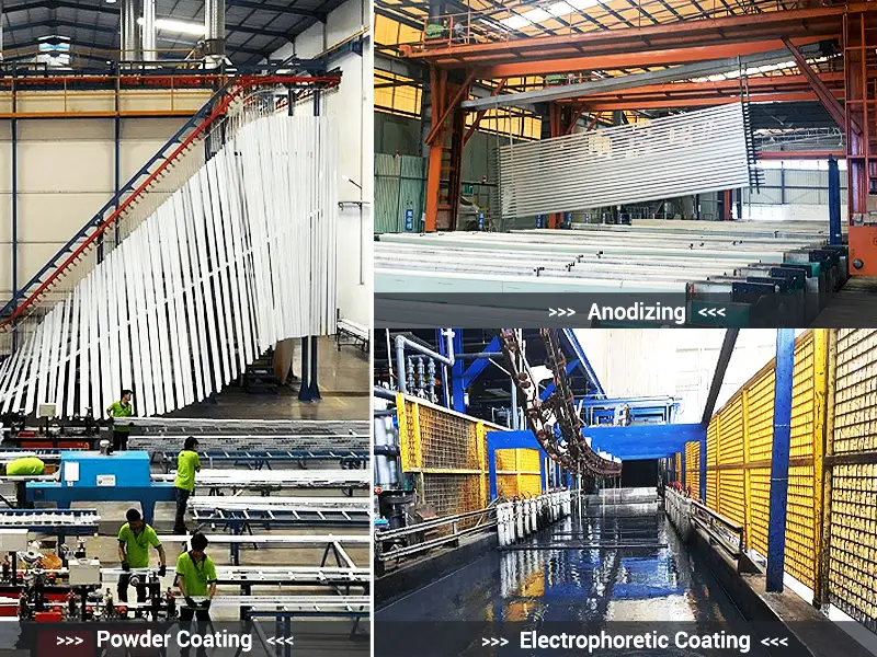 Tres tratamientos principales de la superficie del aluminio: Recubrimiento en polvo (línea vertical), anodizado y recubrimiento electroforético en una fábrica profesional.