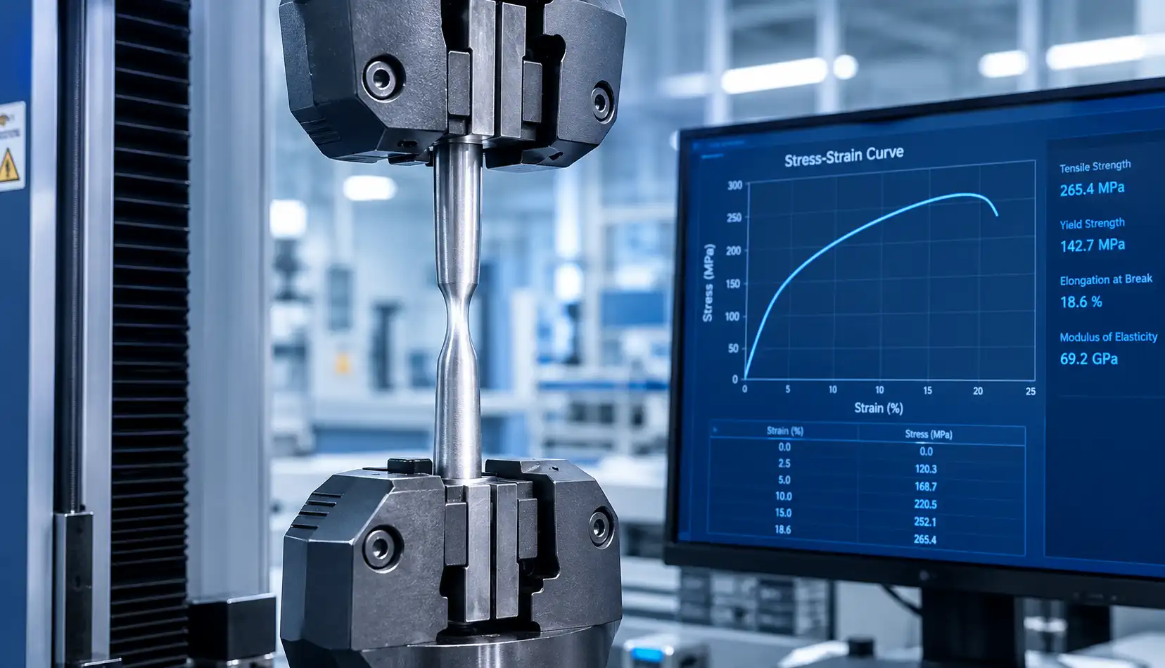 Universal Testing Machine measuring aluminum tensile strength and yield strength with stress-strain curve monitor