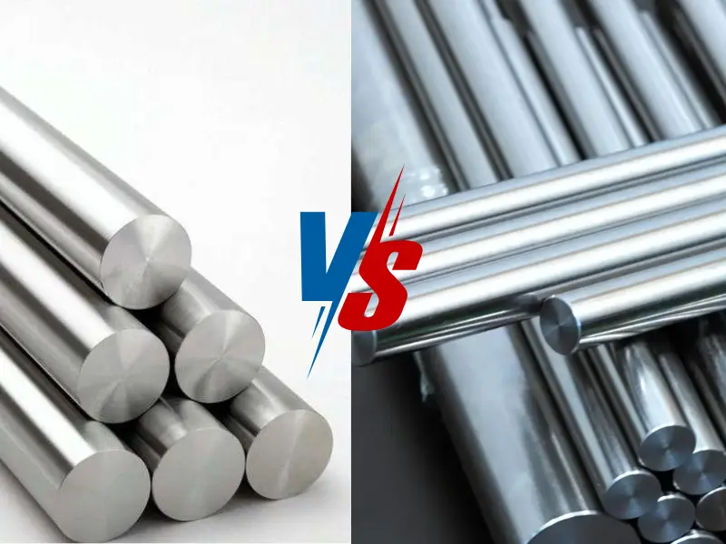 Aluminum vs steel solid bars comparison. Left: bright silver aluminum rods; right: darker steel rods. Raw materials for construction and industrial applications.