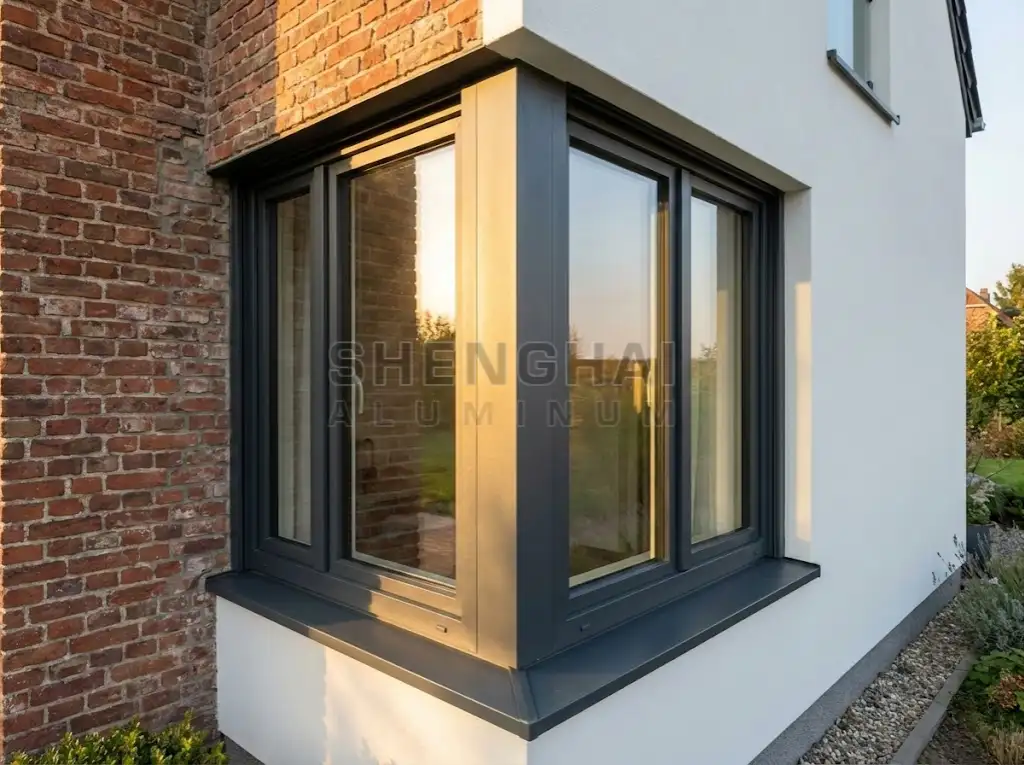 Anthracite Grey (RAL 7016) matte aluminum corner window installed in a renovated European brick home.