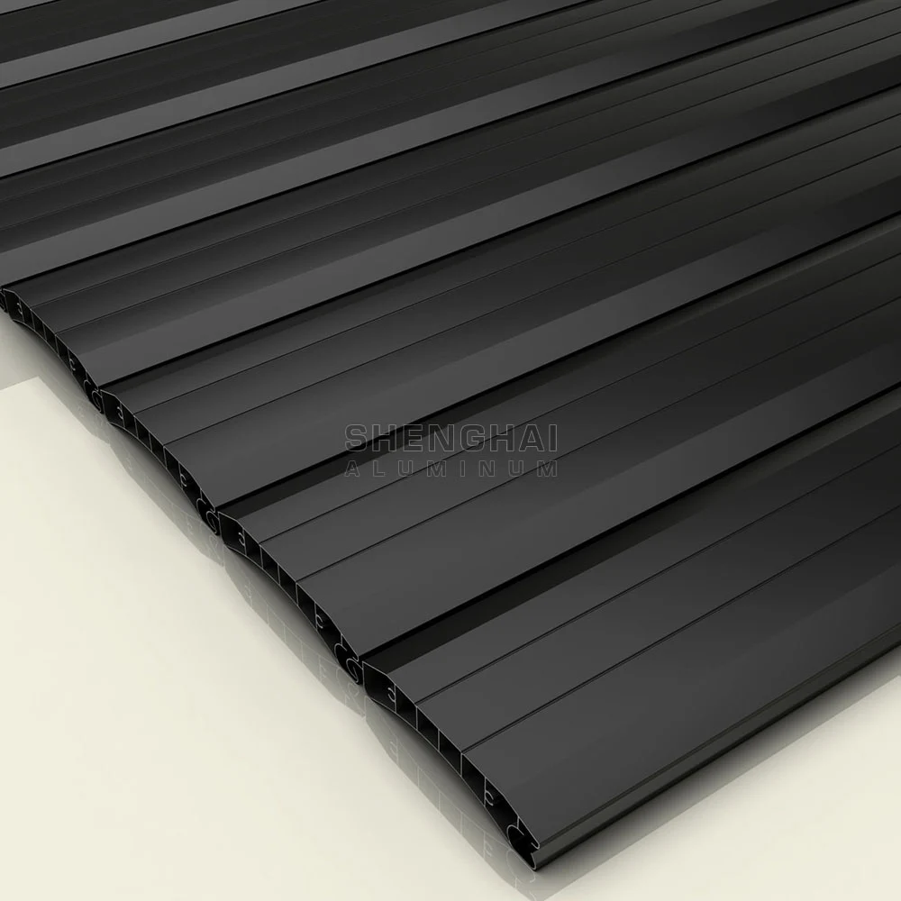 Assembled dark grey aluminum roller shutter curtain showing seamless interlocking joints.