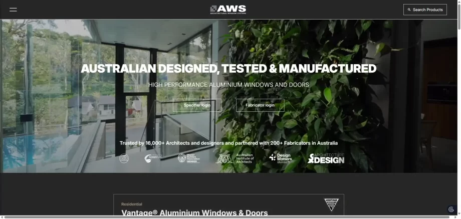 AWS Australia official website featuring Vantage and Elevate designer aluminum window and door brands preferred by architects.
