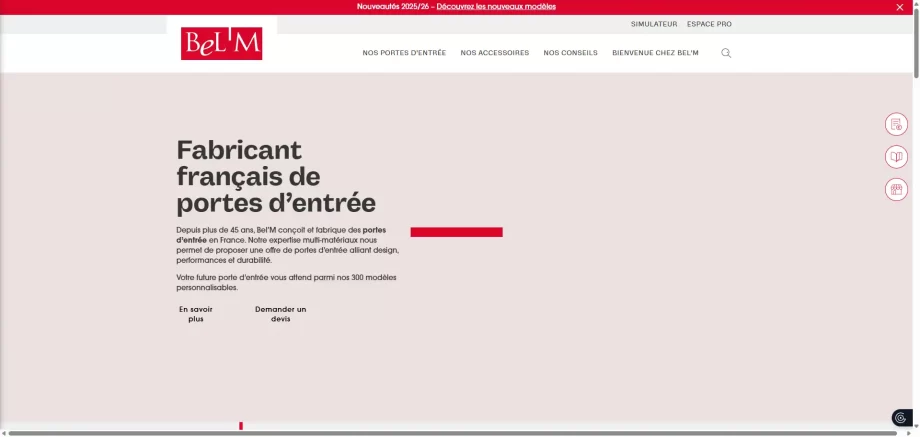 Bel’M France 2026 homepage featuring security-focused aluminum entrance doors and CNC machined frame components.