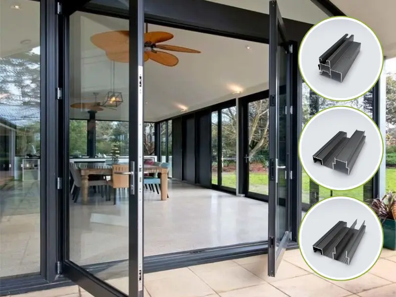 Black anodized aluminum folding doors for luxury villas with cross-section profile details.