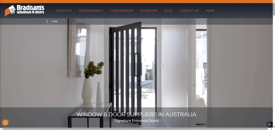 Bradnam's Windows & Doors manufacturer homepage displaying Essential and Signature residential ranges.