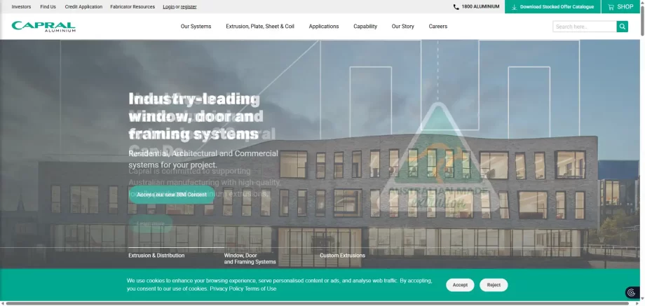 Homepage of Capral Aluminium Australia website, highlighting LocAl green aluminum extrusions and AGS commercial window systems.