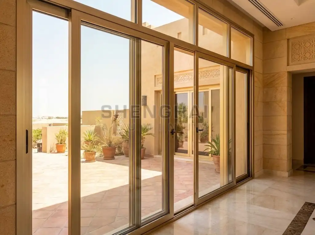 Champagne Gold anodized aluminum sliding doors in a luxury Middle Eastern villa setting.