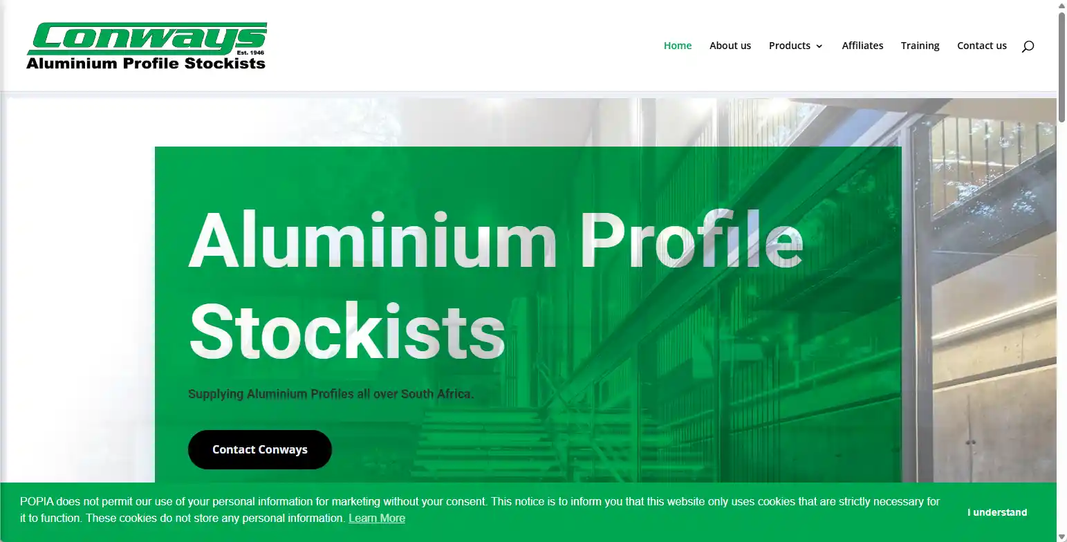 Conways South Africa website - Extensive retail network for architectural aluminium stock