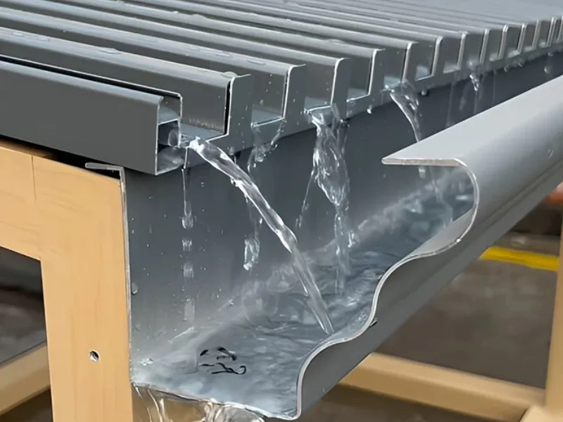 Close-up of the cross-section of grey interlocking corrugated aluminum roofing sheets, showing water flowing smoothly down the Greatwall-shaped grooves into an aluminum gutter, demonstrating superior drainage and leak prevention.