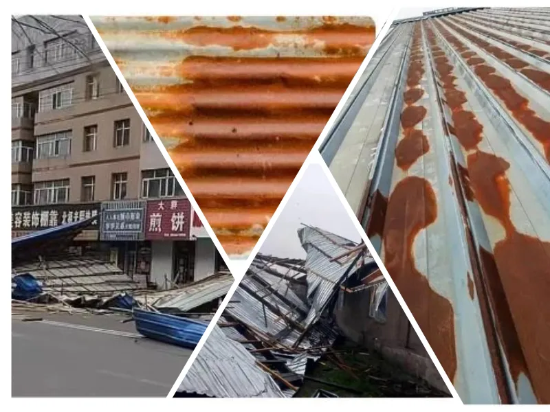 A collage showing cheap traditional corrugated iron roofing sheets blown off and falling onto the street during strong winds, alongside examples of severe rust and corrosion after years of outdoor exposure.