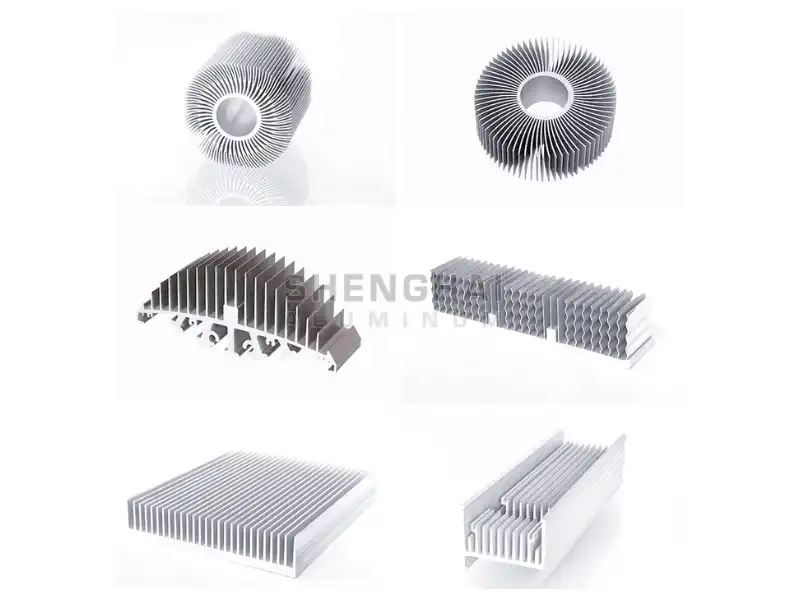 Various custom extruded aluminum heat sink profiles including sunflower and rectangular fin designs manufactured by Shenghai Aluminum.