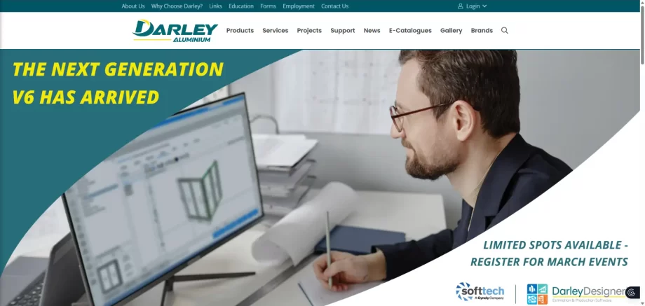 Darley Aluminium website homepage featuring CityView commercial and KlassicView residential systems for independent fabricators.
