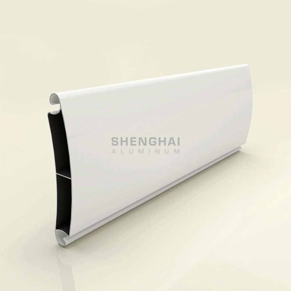 Double-chamber curved white aluminum roller shutter slat with smooth surface finish.