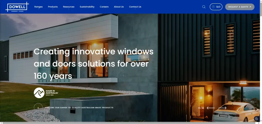 Dowell Windows official homepage featuring ThermaLine energy-efficient window systems for Australian home builders.