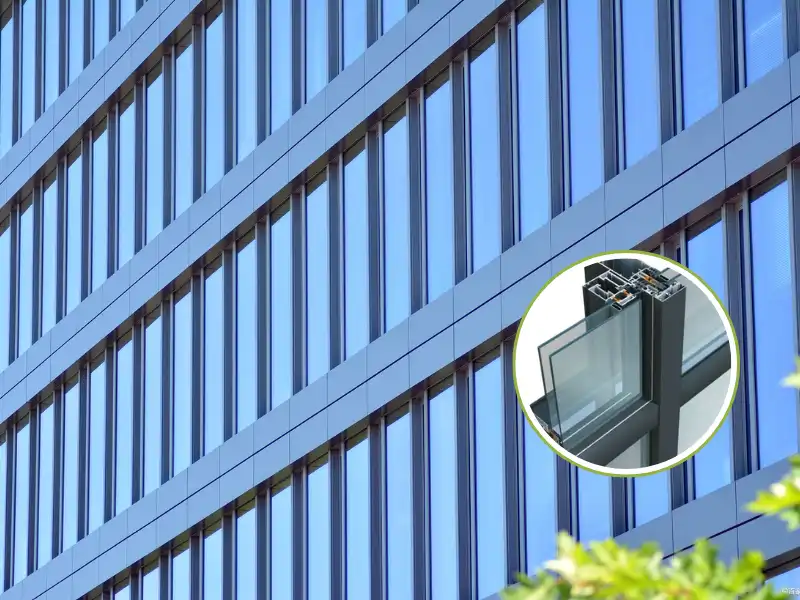 Aluminum mullion frame joint detail for high-rise unitized curtain wall system, engineered for wind load resistance in tall buildings