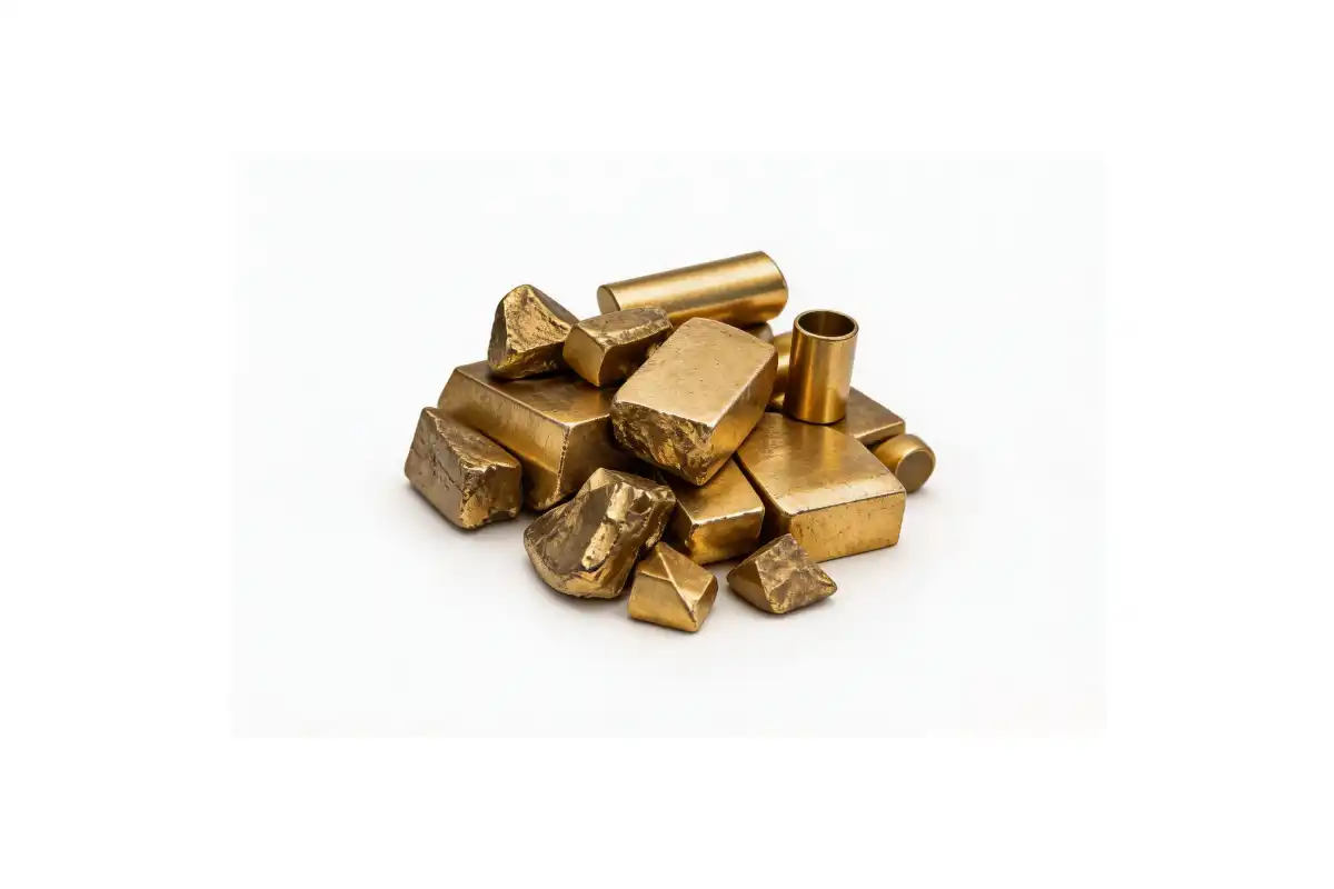 Pile of solid brass blocks, chunks, and extruded components featuring a premium metallic finish for decorative and industrial applications.
