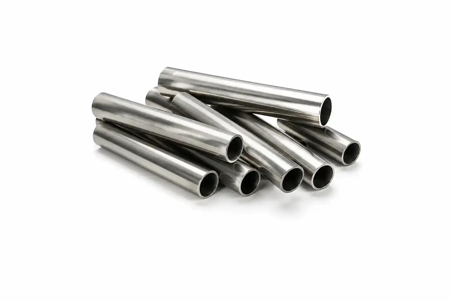Stack of polished industrial stainless steel tubes and pipes for structural and architectural applications.