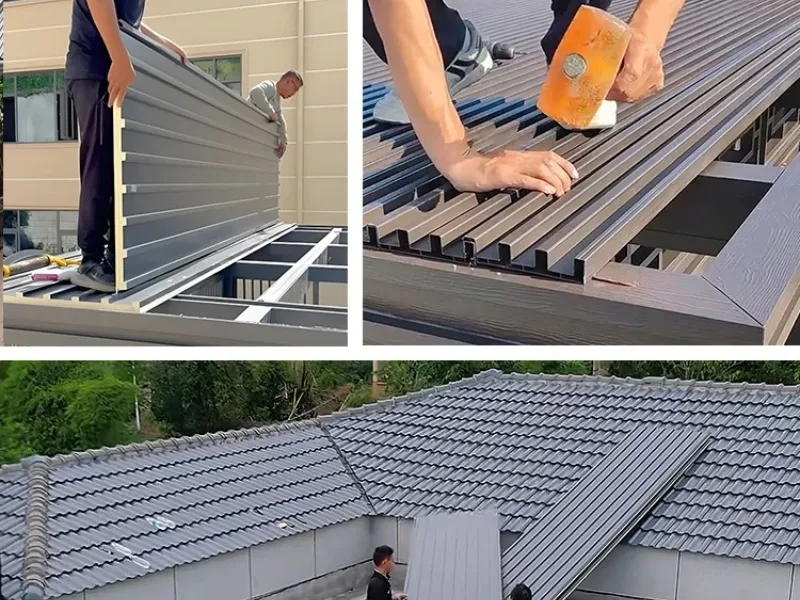 Construction workers performing standardized installation of aluminum roofing panels on a pitched roof, securely connecting the lightweight, high-strength aluminum sheets into a unified whole through a precise concealed interlocking design.