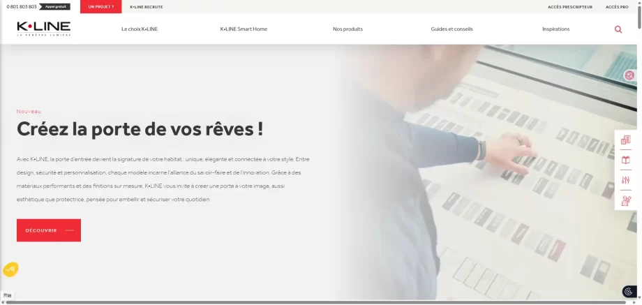 K-Line France 2026 homepage featuring minimalist hidden sash windows and premium aluminum bifold doors.