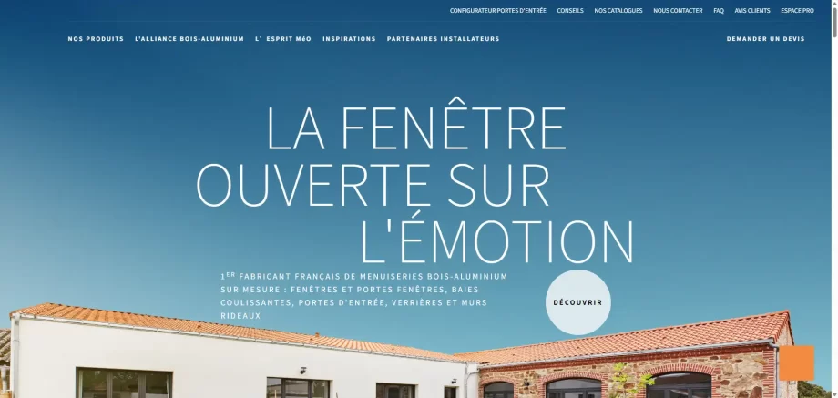 MéO France 2026 homepage showcasing sustainable alu-wood hybrid glazing and precision deep processed outer shells.