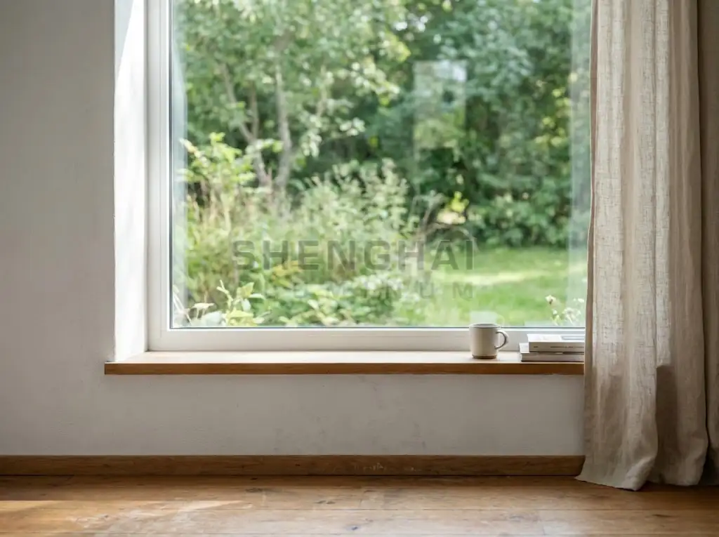 Minimalist White (RAL 9016) matte aluminum fixed window installed in a bright Nordic style interior.