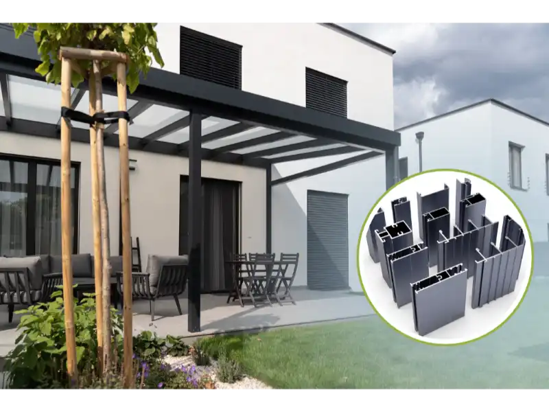 Moderné hliníkové pergoly so sklenenou strechou na terasu. Vložený kruhový obrázok ukazuje rôzne hliníkové extrúzne profily.