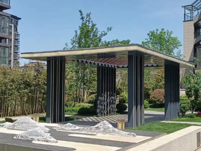 Modern motorized bioclimatic aluminum pergola structure made of reinforced 6063-T6 hardened alloy from 3600T heavy-duty press.
