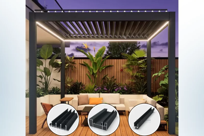 Night view of a motorized aluminum pergola with integrated LED lighting and detailed 6063-T6 aluminum profile sections.