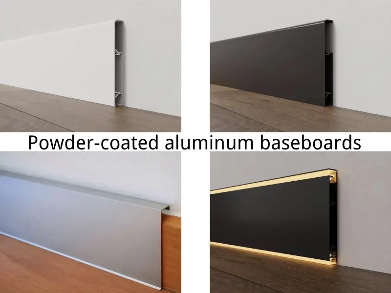 Modern powder-coated aluminum baseboards in various colors including LED lighting options.