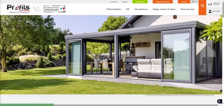 Profils Systèmes France 2026 homepage featuring "Factory Spirit" slim-frames and CNC machined industrial profiles.