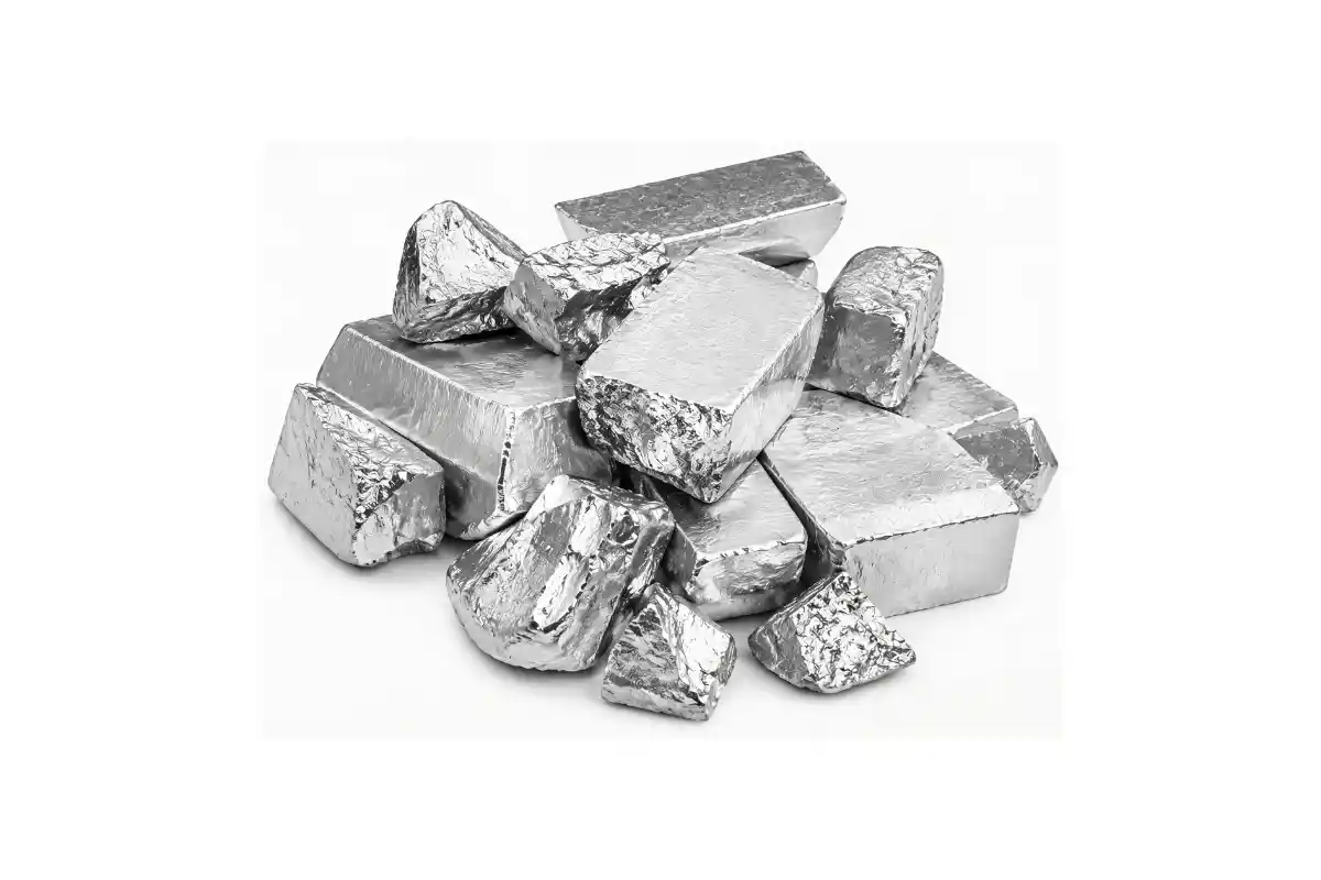 Montón de lingotes y trozos de aluminio plateado en bruto