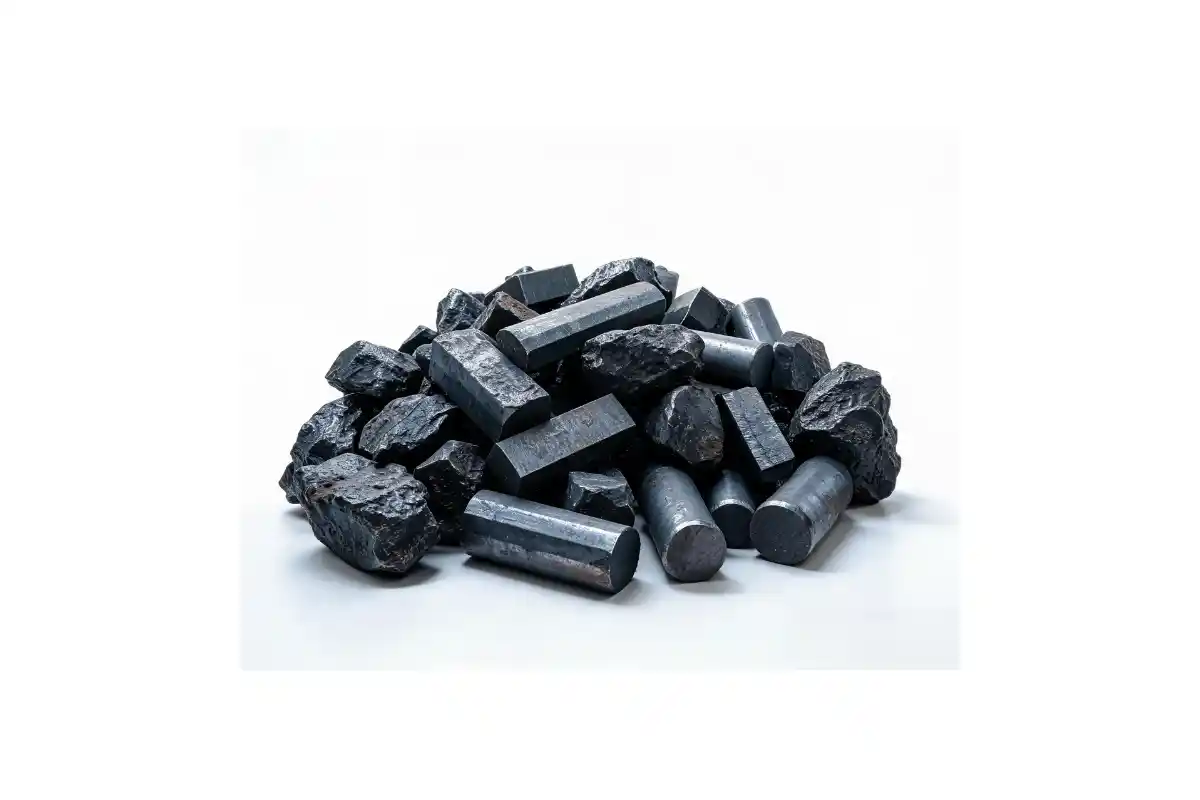 Montón de pesados ​​trozos y lingotes de acero al carbono crudo, oscuros y en bruto.