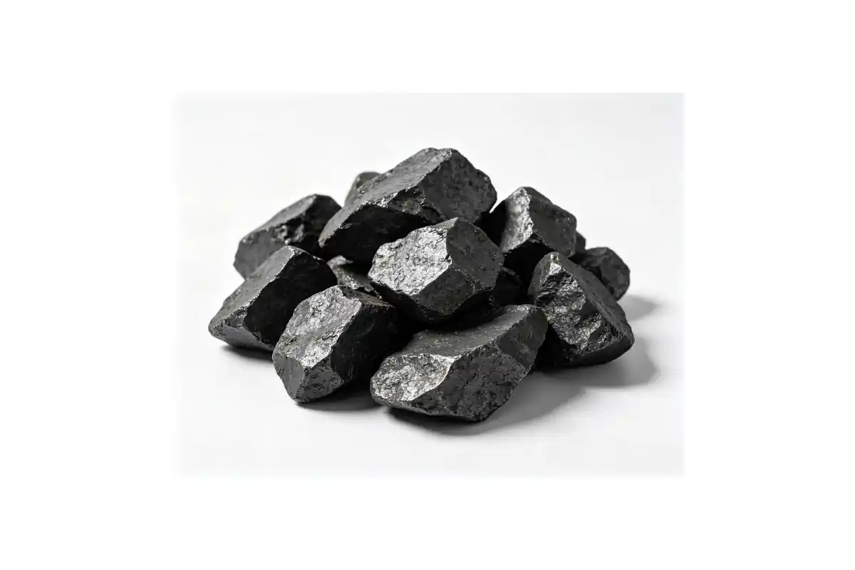 Montón de trozos de hierro forjado en bruto, de color gris oscuro y tosco.
