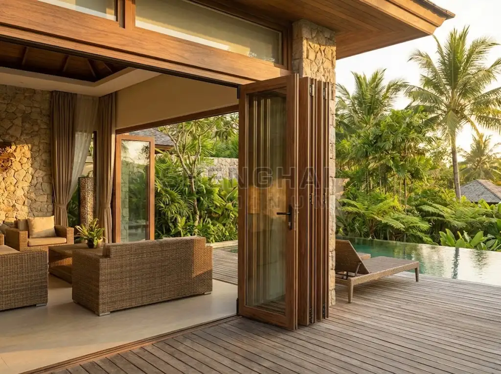 Realistic Walnut wood grain aluminum bi-fold doors opening onto a tropical resort deck.