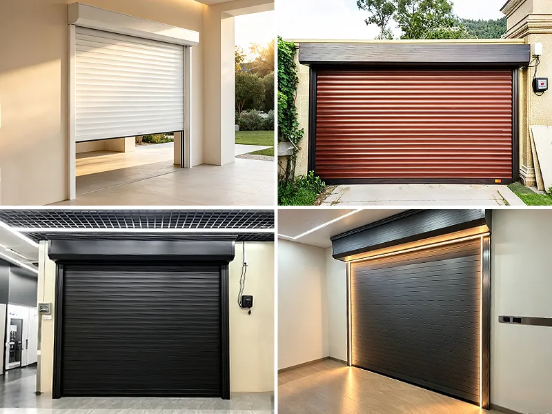 Residential aluminum roll-up security shutters in white, red wood grain, and black finishes with smart lighting.