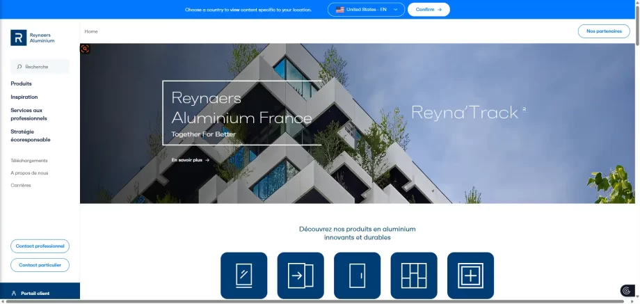 Reynaers Aluminium France 2026 homepage highlighting high-rise structural glazing and curtain wall project sites.