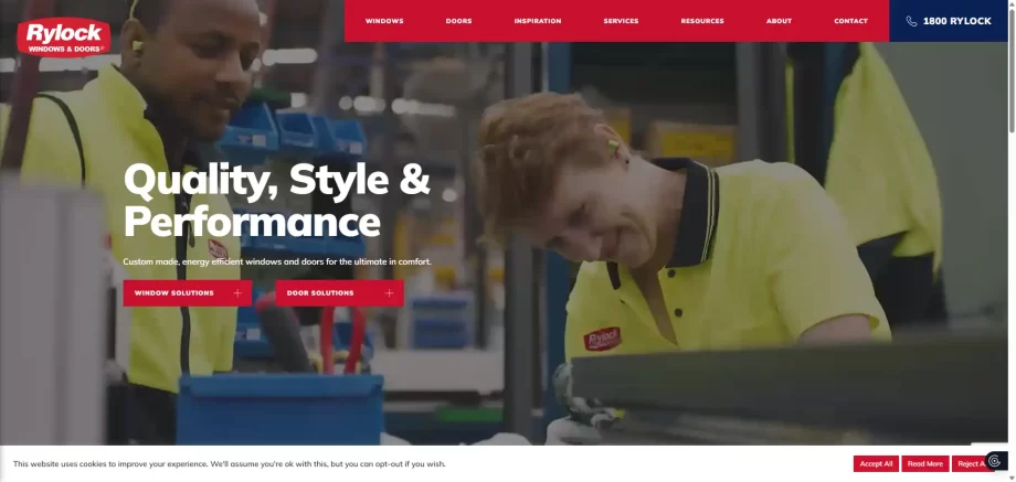 Rylock Windows and Doors official homepage displaying custom high-performance thermally modeled architectural glazing.