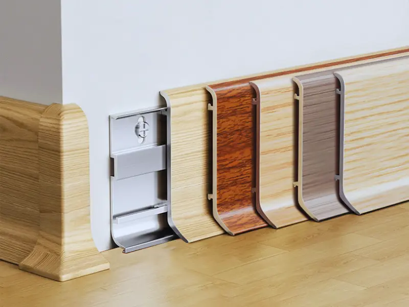 Clip-on aluminum skirting board with wood grain finish, multiple colors for home and commercial use