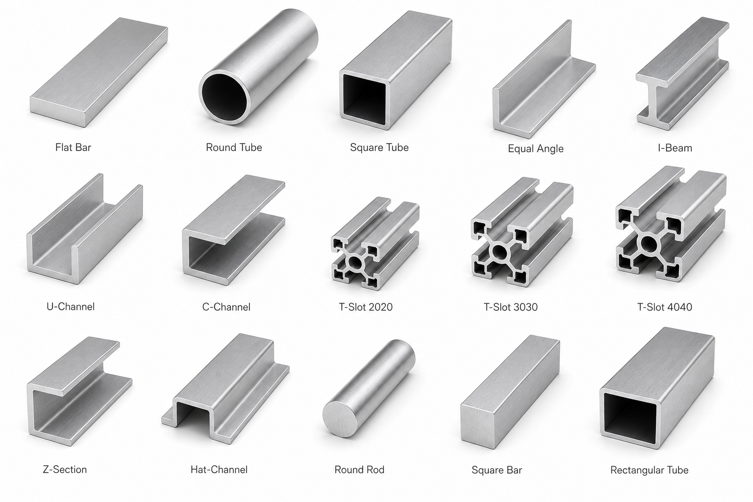 Amplia gama de perfiles de extrusión de aluminio estándar y estructurales, que incluyen barras planas, tubos, canales y ranuras en T.